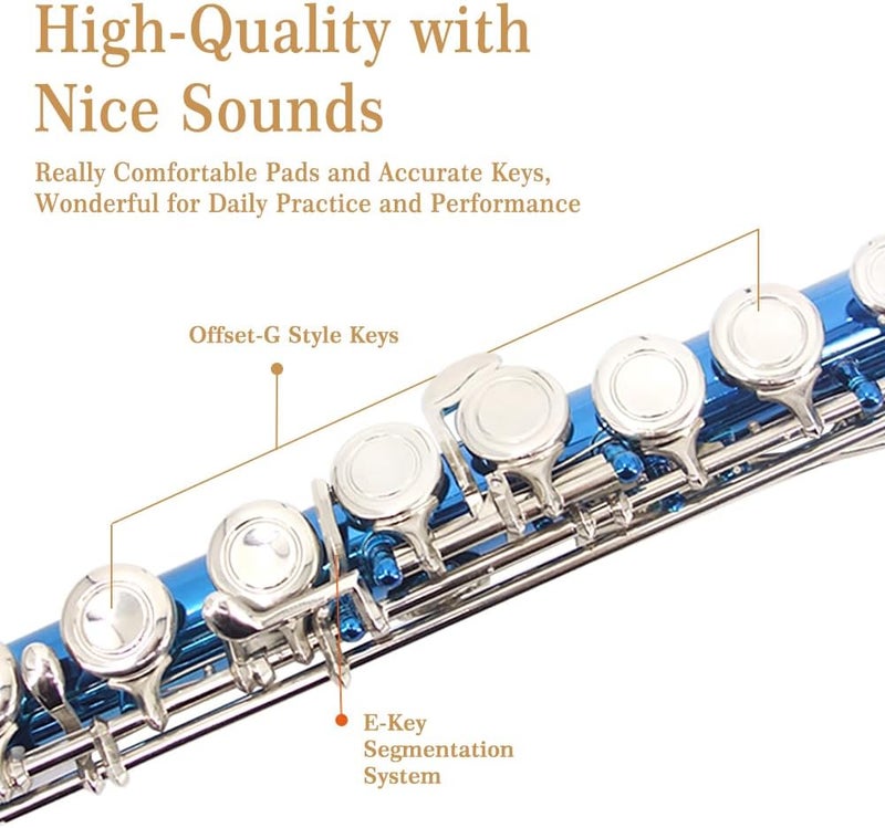 YANASON Blue C Flute Closed Hole 16 Keys Flute Nickel-Plated for Beginner, Student and Professionals with Carrying case, Metal stand, Gloves, Tuning Rod, Cleaning kit(Blue) - Image 3